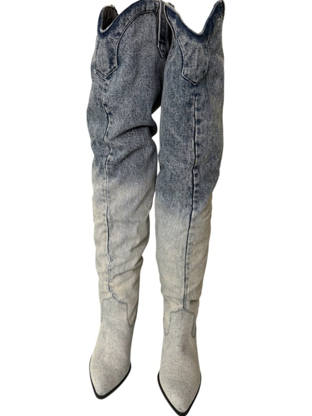 Steve Madden Gray Over-the-Knee Washed Denim Heeled Boots - Picture 2 of 7